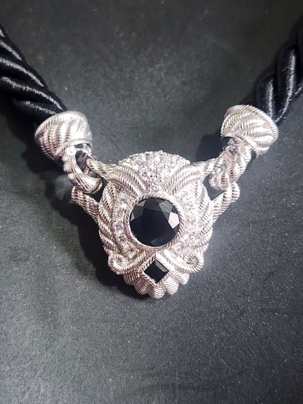 Judith Ripka 925 Sterling Silver Black Onyx & CZ Black Cord Necklace Pendant